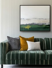 Abstract Landscape Painting Above Green Striped Sofa