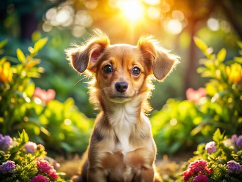 Adorable Chihuahua Dachshund Mix Puppy Playing in Sunlit Garden