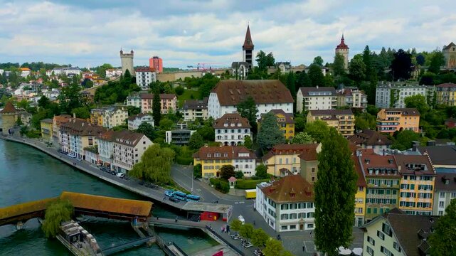 4K Drone Video of the Musegg Wall near the Reuss River in Lucerne, Switzerland