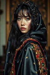Fototapeta premium Asian model wearing elaborate beaded hooded cloak in palace setting