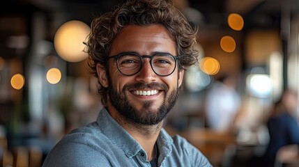 Fototapeta premium A smiling young man with curly hair and a beard, wearing glasses, looks directly at the camera. He is sitting in a cafe.