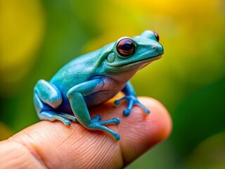 Naklejka premium Adorable Cyan Frog Macro Photography: Tiny Amphibian on Fingertip