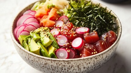 Poke bowl with fresh tuna, avocado, radishes, sesame seeds, and seaweed