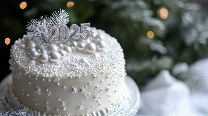 A snowy white cake with "2025" made of edible silver pearls