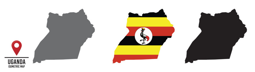 Set of different maps with national flags of Uganda. 