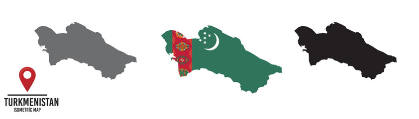 Set of different maps with national flags of Turkmenistan. 