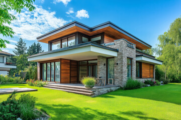Luxurious contemporary villa with a flat roof, wooden and stone exterior, surrounded by lush greenery.