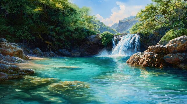 A tropical lagoon with a cascading waterfall and lush greenery - Powered by Adobe