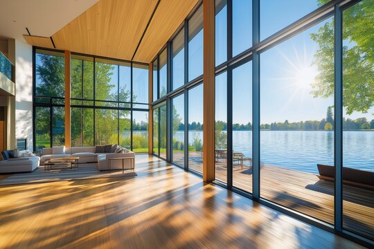 Large modern lakefront home with floor-to-ceiling windows, a wooden deck, and a view of the water.