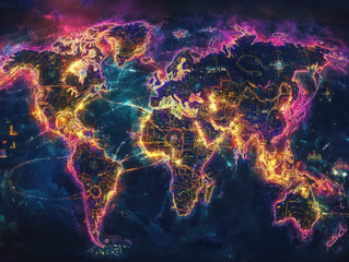 A dramatic digital world map with vivid light effects, focusing on glowing circuits connecting the northern and southern hemispheres 