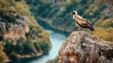Fototapeta premium A juvenile Egyptian vulture perched on a cliff edge, overlooking the Tagus River winding through Monfrage National Park.