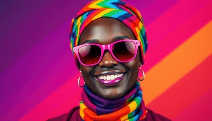 A joyful person radiates positivity, showcasing a vibrant scarf and stylish sunglasses against a vivid backdrop. The colors symbolize diversity and inclusivity, capturing the essence of celebration