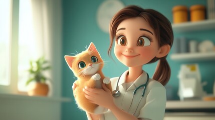 3D Cartoon Image of a Female Veterinarian Holding an Orange Kitten in a Cozy Clinic