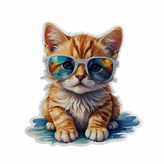 Sticker kitten wearing sunglasses relaxing by the water on white background.