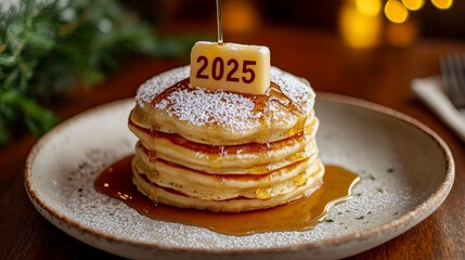 A fluffy pancake stack drizzled with syrup and topped with "2025" in powdered sugar