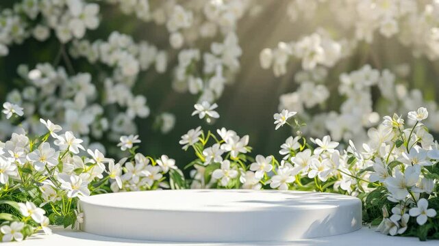 Podium flower product white 3d spring table beauty stand display nature white. Garden floral background cosmetic field scene gift day.