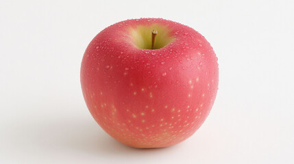 Single red apple with water droplets on a white background.
