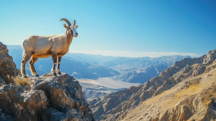 Fototapeta premium A majestic mountain goat standing on a rocky ledge overlooking a vast, rugged mountain range under a clear blue sky.