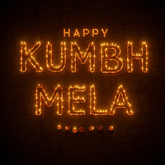 Happy Kumbh Mela glowing text surrounded by diyas, symbolizing light and devotion
