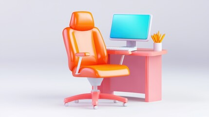 Modern Orange Office Chair at Pink Desk with Computer Pencils Cartoon Style