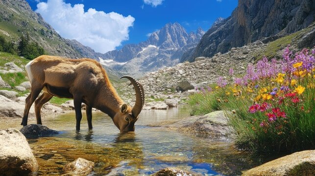 A male Iberian ibex drinking from a crystal-clear mountain stream, with wildflowers and rocky peaks of the Sierra de Gredos in the background.