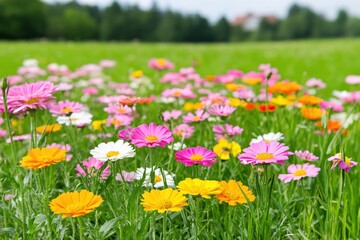 Vibrant Wildflower Meadow with Colorful Blooms in Natural Green Landscape