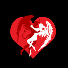 Silhouette of couple devil man and angel woman, with heart shape background.
concept of love of opposites. Love concept icons. Logo vector illustration.