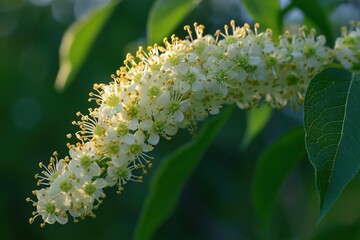 Naklejka premium Delicate White Blooming Flower with Green Leaves in Natural Sunlight Background