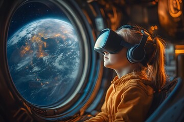 A child in a VR headset floats in a zero-gravity virtual space station, gazing through a digital window. The scene feels futuristic, ideal for promoting VR technology or space-themed learning tools.