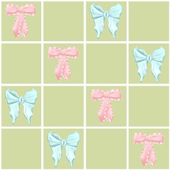 Pink and blue bows on a checkered green background seamless pattern 