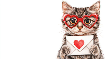 Fototapeta premium Cute cat with heart shaped glasses holding love letter, expressing affection