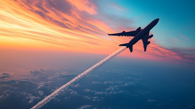 Airplane Soaring Above Sunset Cloudscape