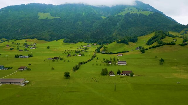 4K Drone Video of Scenic Homes at the base of Stanserhorn Mountain in Stans, Switzerland