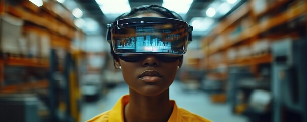 Future of Warehousing:  A Woman Uses AR Glasses to Manage Inventory in a Modern Warehouse