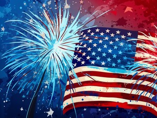 Fireworks against the American flag.Freedom. Patriotism. Celebration.Independence Day, event promotion, patriotic theme, celebration poster, fireworks, national pride, invitations, marketing materials