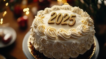 A beautifully frosted cake with "2025" written in golden icing on top