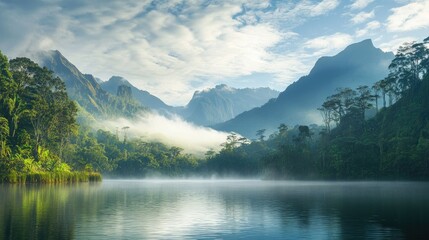 A peaceful mountain lake surrounded by lush green trees and tall peaks in the distance, bathed in early morning mist.