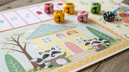 Adorable Raccoon Dice Game: Printable Educational Page for Toddlers, Developing Counting Skills