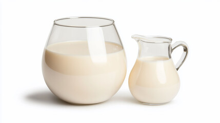 Milk in a large glass bowl and a small creamer.