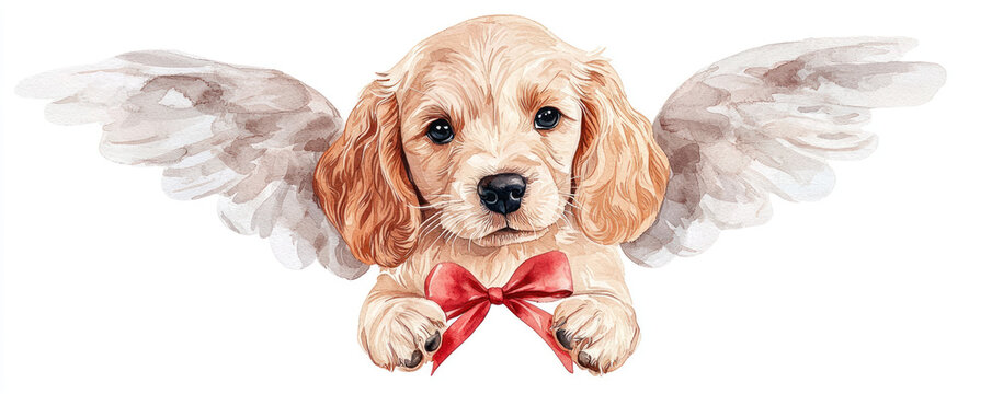 playful dog with angel wings holds red bow, radiating joy and charm. Perfect for pet lovers