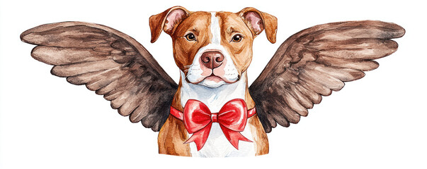playful dog with angel wings and red bow, exuding joy and charm