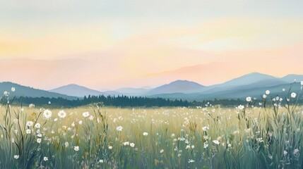 A quiet meadow dotted with wildflowers and tall grasses, with a soft pastel sky and distant mountains in the background.