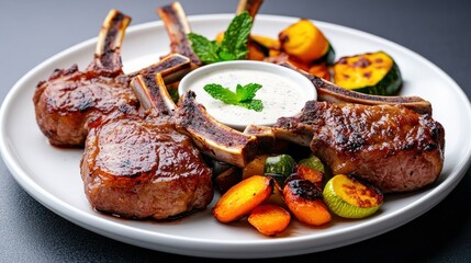 Grilled lamb chops served with colorful roasted vegetables and sauce.