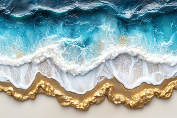 Naklejka premium Waves Breaking on Golden Sand Beach With Blue Ocean Horizon. Summer and Luxury Background