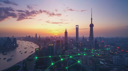 Naklejka premium Smart digital Innovation city with connection network reciprocity over the cityscape. of future smart wireless digital city and social media networking systems that connects people with in city
