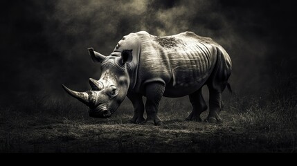 Fototapeta premium A rare white rhino grazing peacefully in an African reserve, its thick skin and enormous horn emphasizing its endangered status.