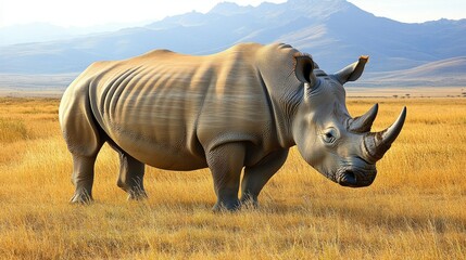 Fototapeta premium A rare white rhino grazing in a serene African savanna, its massive frame standing out against the golden grass and distant mountains.