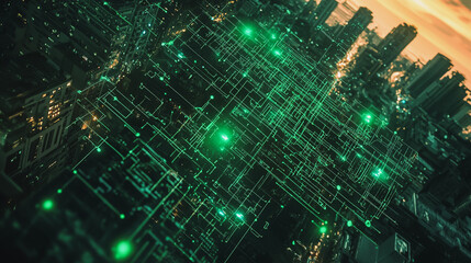 Smart digital Innovation city with connection network reciprocity over the cityscape. of future smart wireless digital city and social media networking systems that connects people with in city