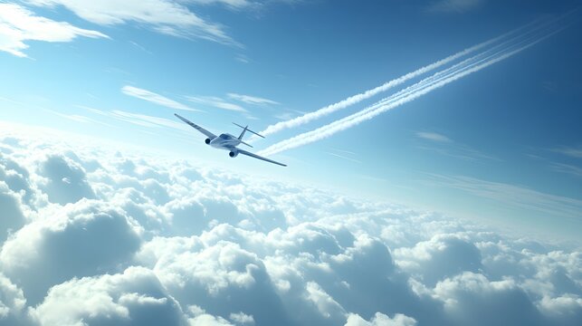 Airplane Soaring Above a Sea of Clouds in a Blue Sky