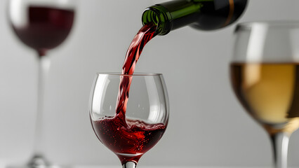 A minimalist composition of a glass of red wine against a neutral background. The focus is on the shape and color of the glass and the wine.